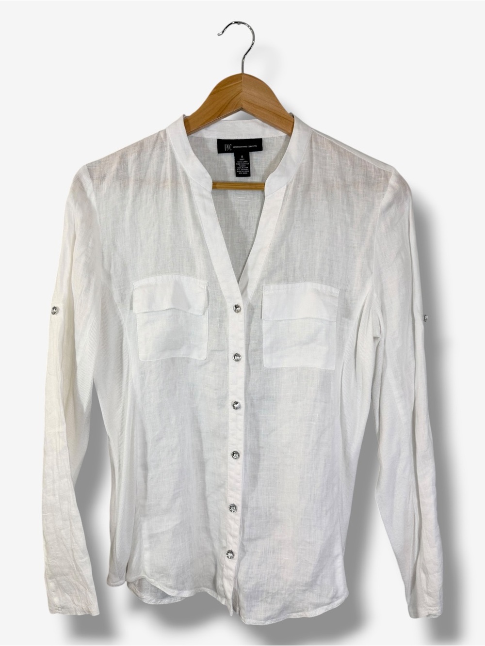 INC White Linen Button Up Shirt Size 8 Ribbed Side Panels Long Sleeve Casual